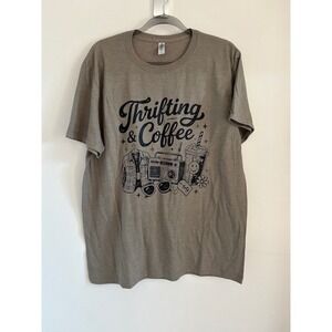Thrifting and‎ Coffee Graphic T-Shirt Brown Large Short Sleeve Crewneck